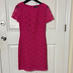 LAUREN Ralph Lauren Dress Hot Pink Lace Short Sleeve Dress Size 6 Zip up back